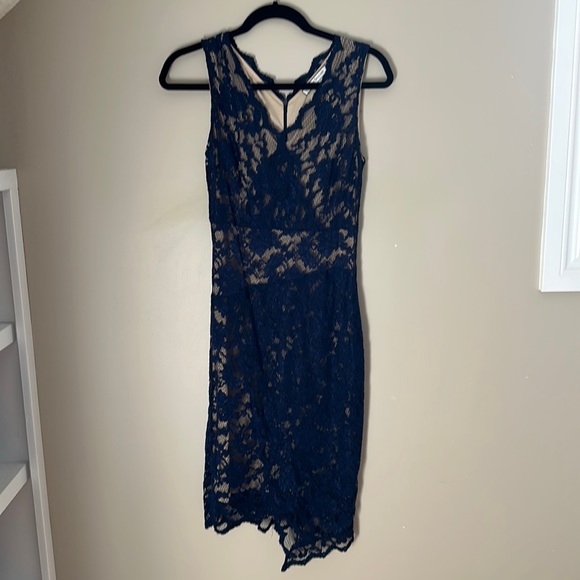 Debbie Shuchat bodycon dress navy lace overlay cross over size 6 - Picture 1 of 5